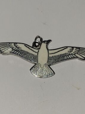 Vintage Silver Tone Seagull Pendant Necklace Charm - White Accents